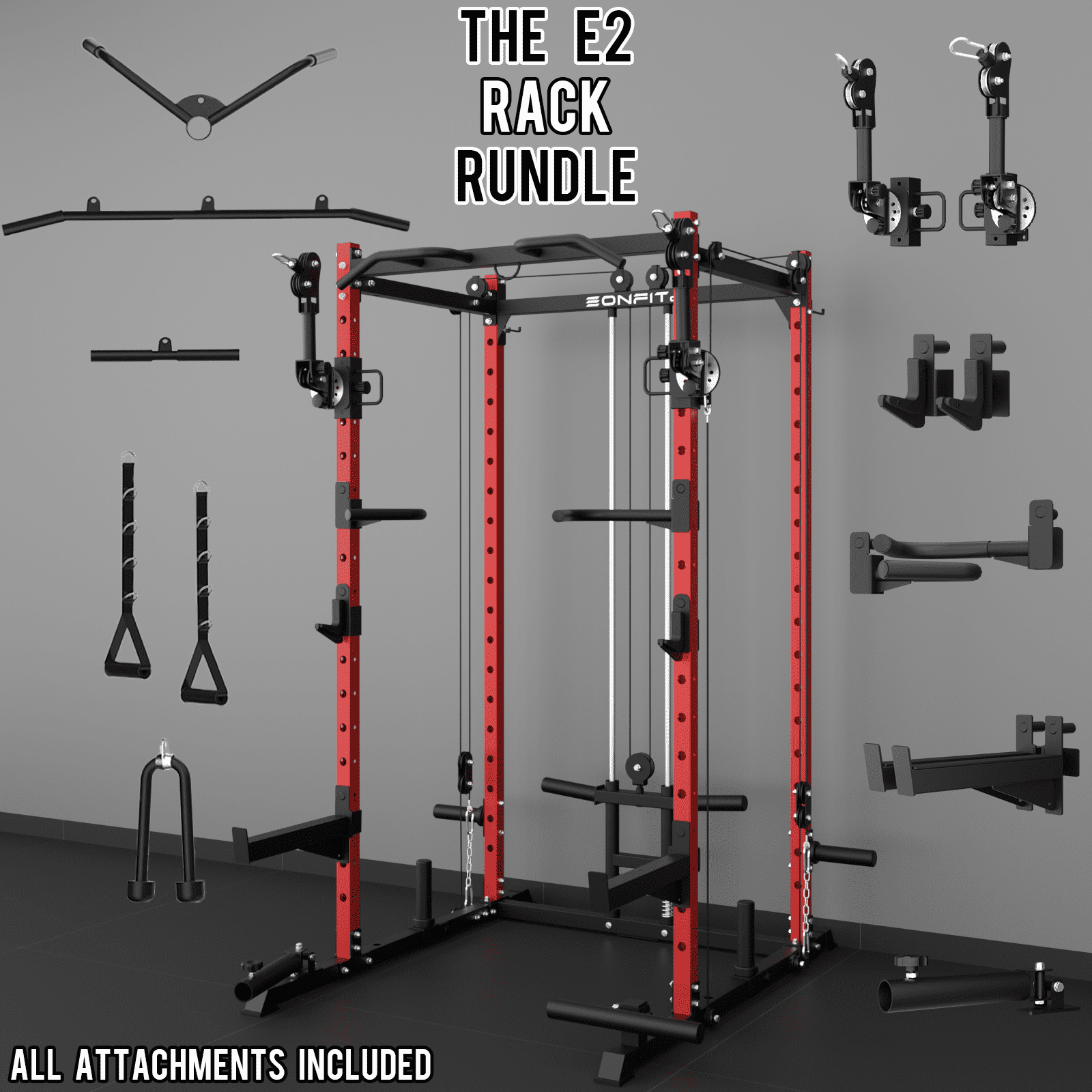 Eonfit E2 Power Cage with 3D Rotation Arms - Multi-Functional Power Rack for Home Gym. 1500lb Squat Rack for Home Gym. Pulley System for Cable Crossover & LAT Pulldown (E2 RED PRO)