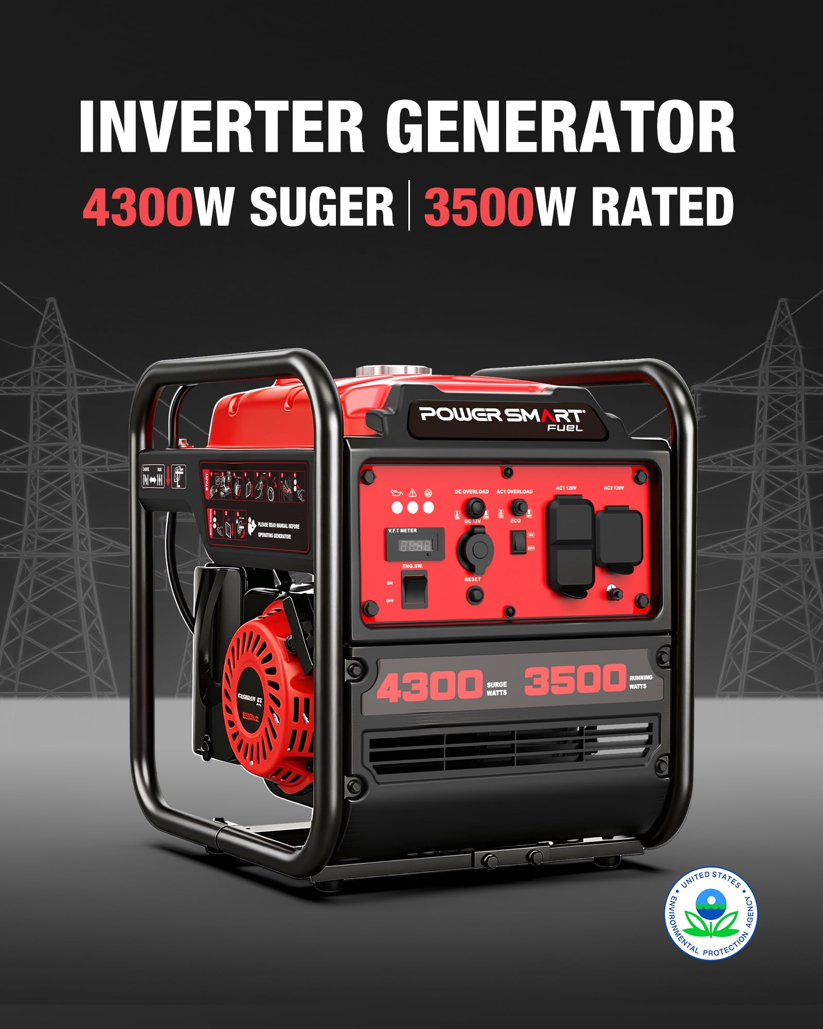 PowerSmart 4300-Watt Portable Inverter Generator, 3500 Rated Watts, 223cc Gas Powered Engine, 30A RV-Ready, EPA Compliant for Home Backup, Camping & Emergency