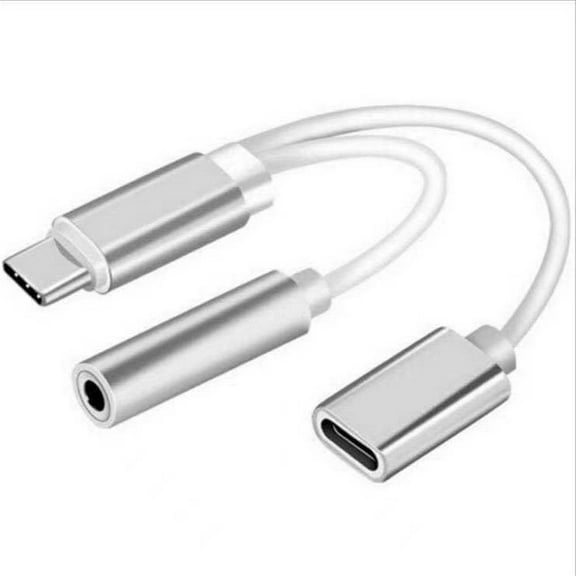 Extension Cord Charger Aux Line USB C Audio Cable Type C to 3.5 mm Earphone Adapter 2 in 1 Converter SILVER