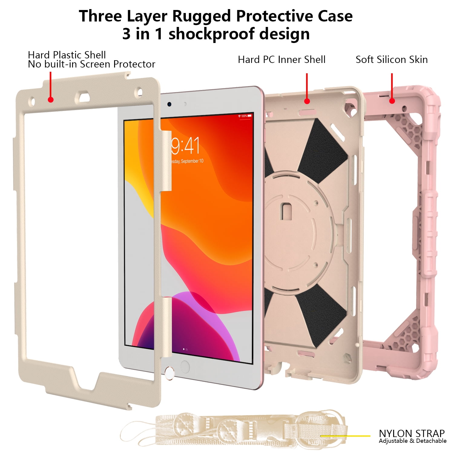 Case for iPad 9.7-inch 2018/2017, iPad Air 2 Case, iPad Pro 9.7 Cover, Kids Shockproof Rugged Hybrid 360 Rotating Stand Cover with Hand Shoulder Strap/Pencil Holder