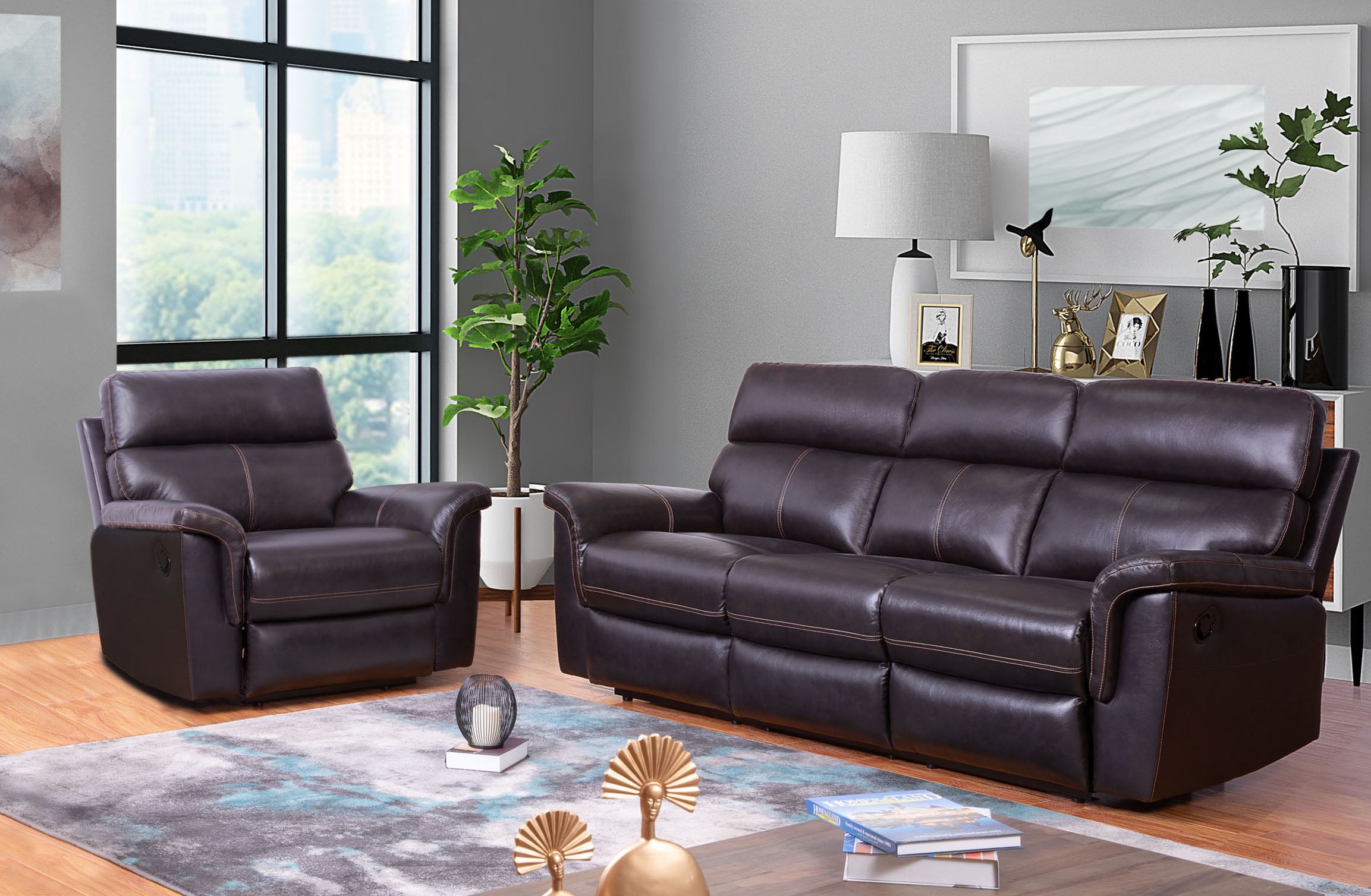 Abbyson Wellington Top Grain Leather Reclining Sofa and Armchair Set