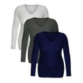 thumbnail image 4 of Essential Basic Women's Junior Size Vneck Tshirt Long Sleeves Shirt Tee, Small, 3Pk White, HthCharcoal, Navy, 4 of 5