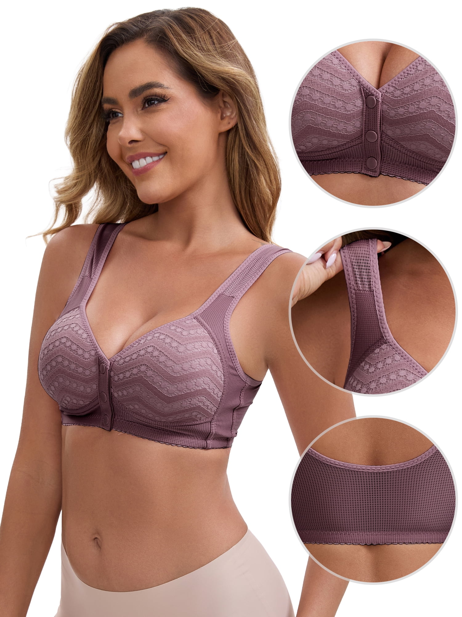 DARING DIVA Women's Lace Front Closure Push Up Wide Strap Bra S Dark Purple