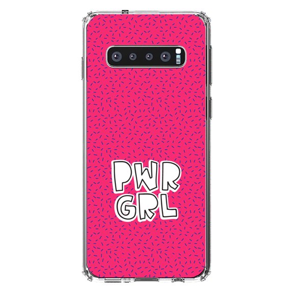 DistinctInk Clear Shockproof Hybrid Case for Samsung Galaxy S10  PLUS(6.4" Screen) - TPU Bumper, Acrylic Back, Tempered Glass Screen Protector - Girl Power - PWR GRL - Pink Background