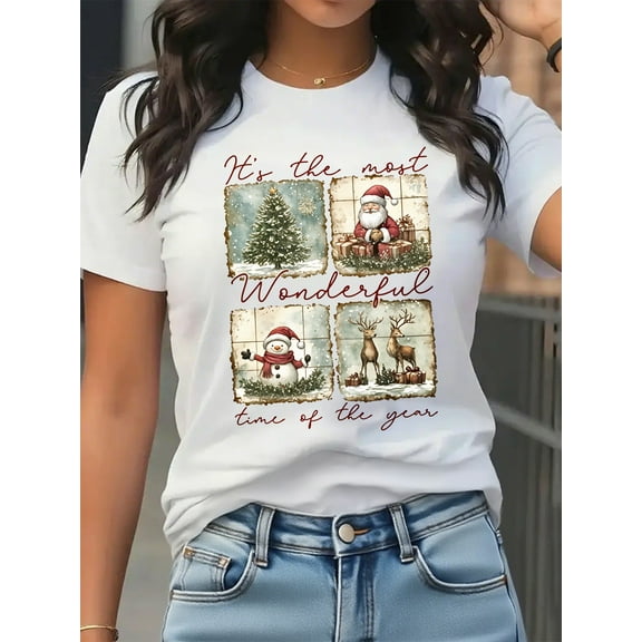 Merry Christmas T-Shirt Women Cute Santas Snowman Elk Graphic Casual Short Sleeve Holiday Top