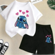 thumbnail image 3 of Conjunto de dos piezas de camiseta y pantalones cortos de Disney Stitch para niños de verano 2024, conjunto de pantalones cortos de manga corta informales a la moda para niños y niñas, ropa para niños, 3 of 5