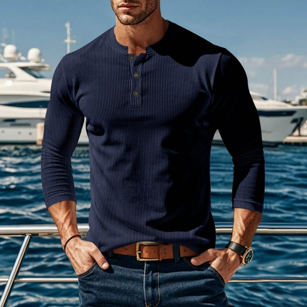 pstuiky hombres de manga larga, Camiseta de pana con botones, cuello redondo y manga larga de color liso para hombre top de hombre m