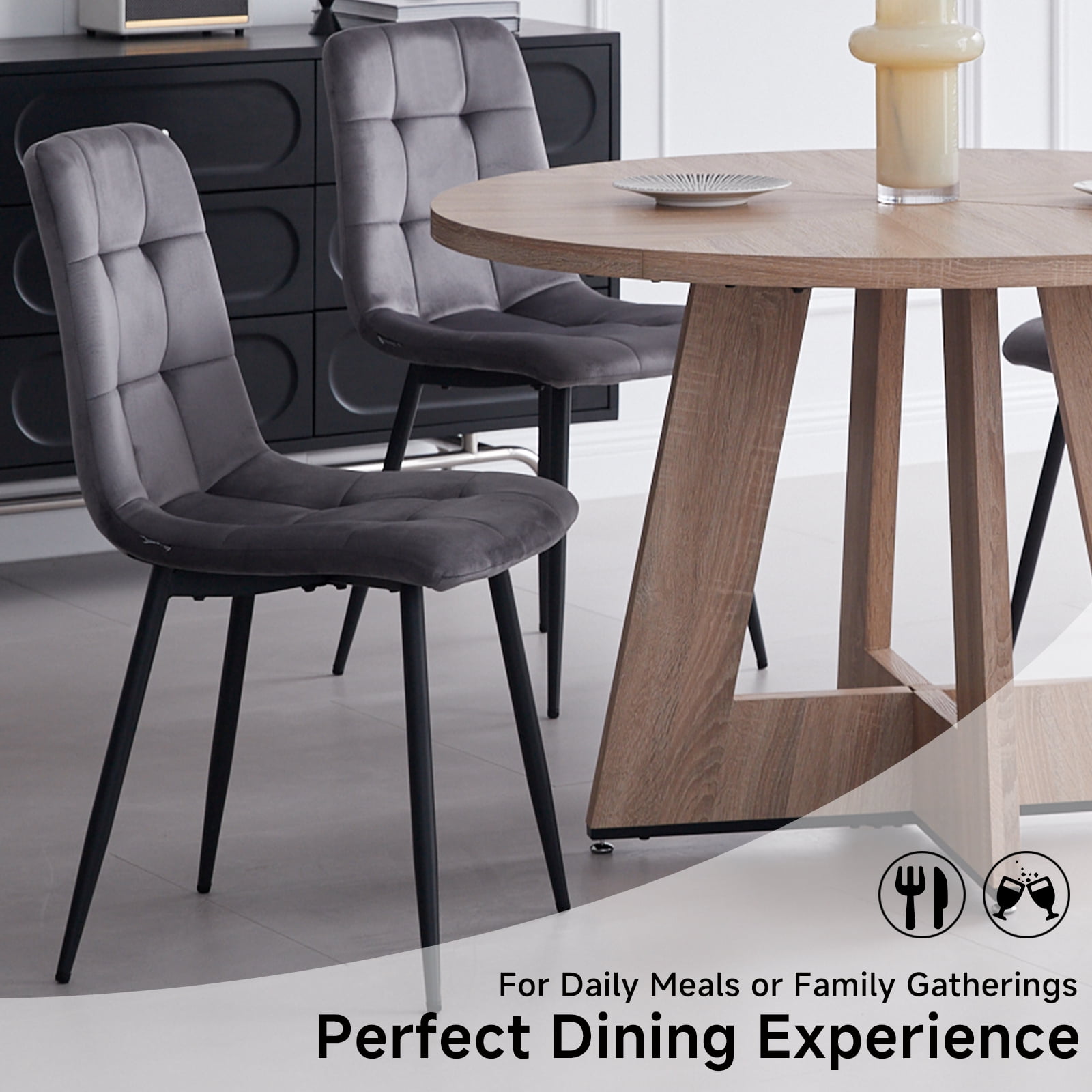 Set of 4 Velvet Dining Chairs - Mid Century Modern Dinning Chair, Upholstered Cushion Seat, Square-Patterned Backrest, Grey, Dinner Chairs with Metal Legs for Dining Living Room, Bedroom