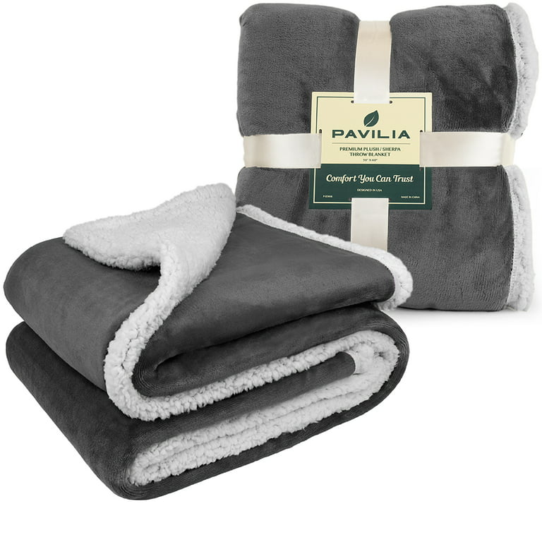 PAVILIA Plush Sherpa Fleece Throw Blanket Dark Grey, Soft, Warm, Fuzzy Charcoal  Throw for Couch Sofa
