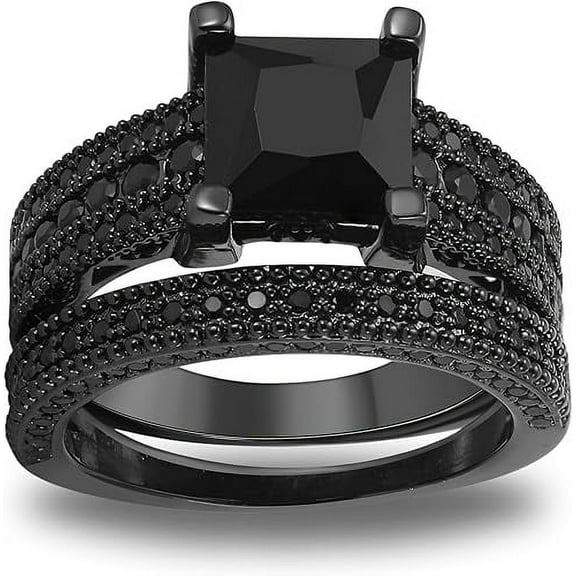 beryl_creation 925 Sterling Silver 2.45 Ct Princess Cut Black Diamond Christmas Wedding Engagement Thanksgiving Bridal Ring Set For Women's 14K Black Gold Plated -6