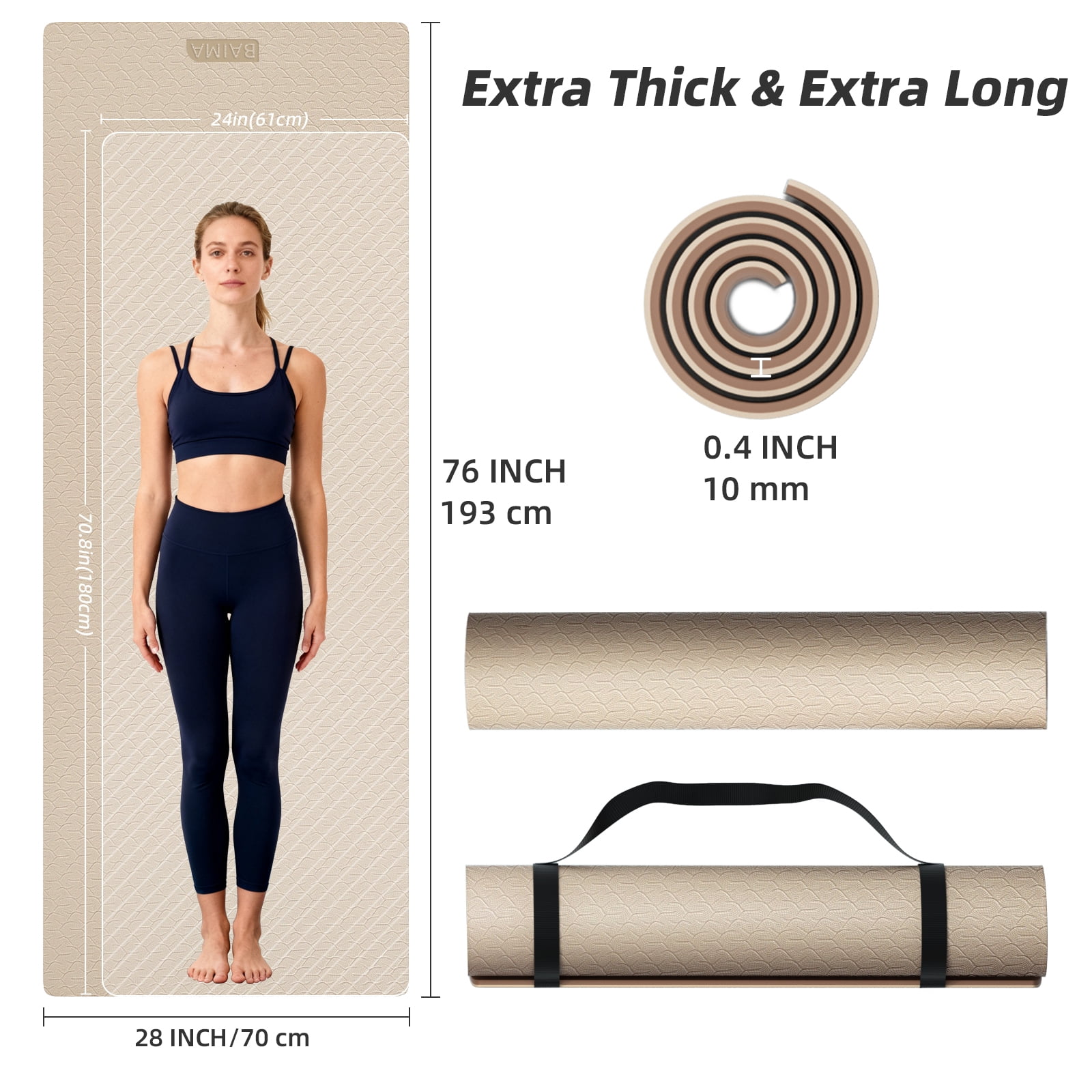 BAIMA Large Yoga Mat Thick Extra Wide and Long ,Roll-up Pilates Mats ,Eco TPE Double-Sided Exercise Pad with Carry Strap(Brown+Apricot)