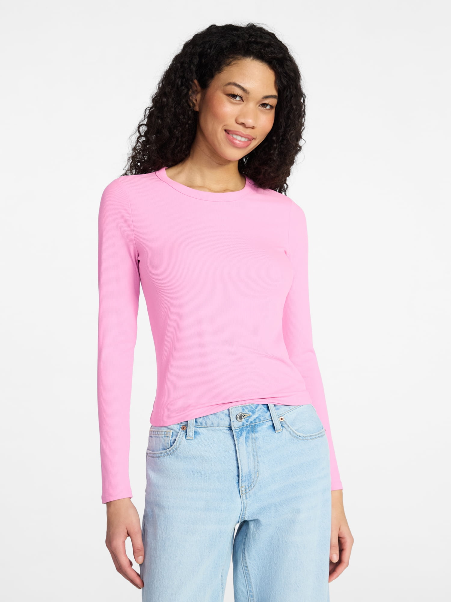 No Boundaries Crew Ribbed Tee with Long Sleeves, Women's XXS-XXL