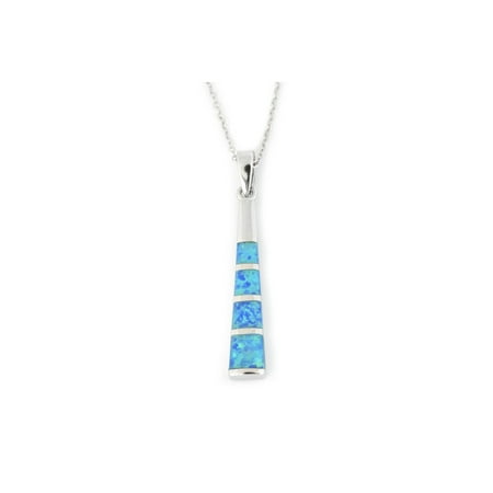 Long Bar Necklace - Solid Sterling Silver Rhodium Plated Blue Inlay Simulated Opal Long Vertical Bar Pendant Necklace