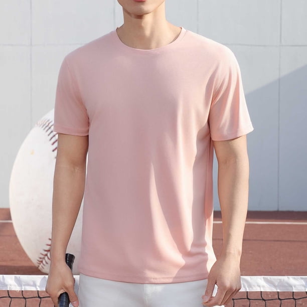 pstuiky camisetas para hombre, Blusa deportiva informal de color liso con cuello redondo y manga corta elástica para hombre camisas casuales para hombre xxl