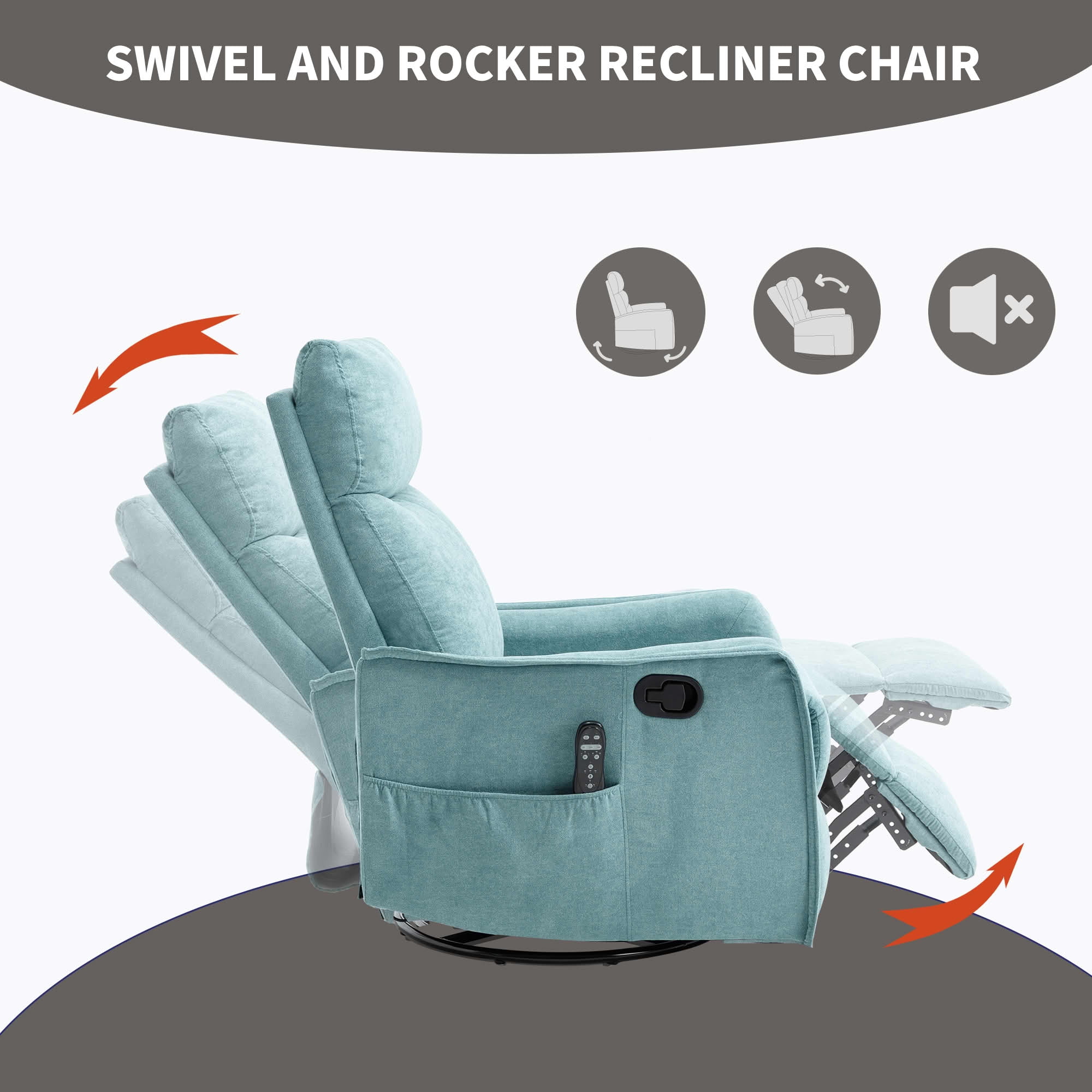MAYEERTY Antique Blue Green Heat Massage Recliner Chair, 360° Swivel Rocker 27"x36"x40" for Living Room