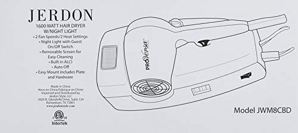 Jerdon 1600W Wall Mount Hair Dryer, 2 Speeds, 2 Heat Settings, LED Night Light, Black, Direct Wire-Model JWM8CBD