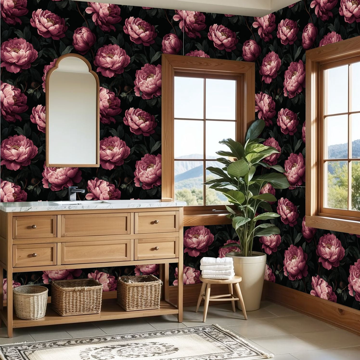 Peel and Stick Wallpaper Elegant Peony Flower Dark Wall Mural 23.6in x 9.8ft Self Adhesive Removable Wall Paper Renter Friendly Wallpaper for Nursery Bedroom Cabinets
