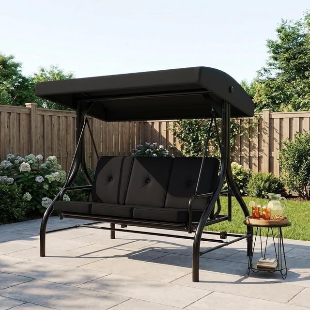 Balançoire de Porche Convertible 2-en-1 à 3 Places avec Support, Auvent Imperméable et Résistant aux UV à Réglage Continu, Balançoire de Patio Robuste Rembourrée 800 Lb pour Jardin et Cour Arrière, Noir