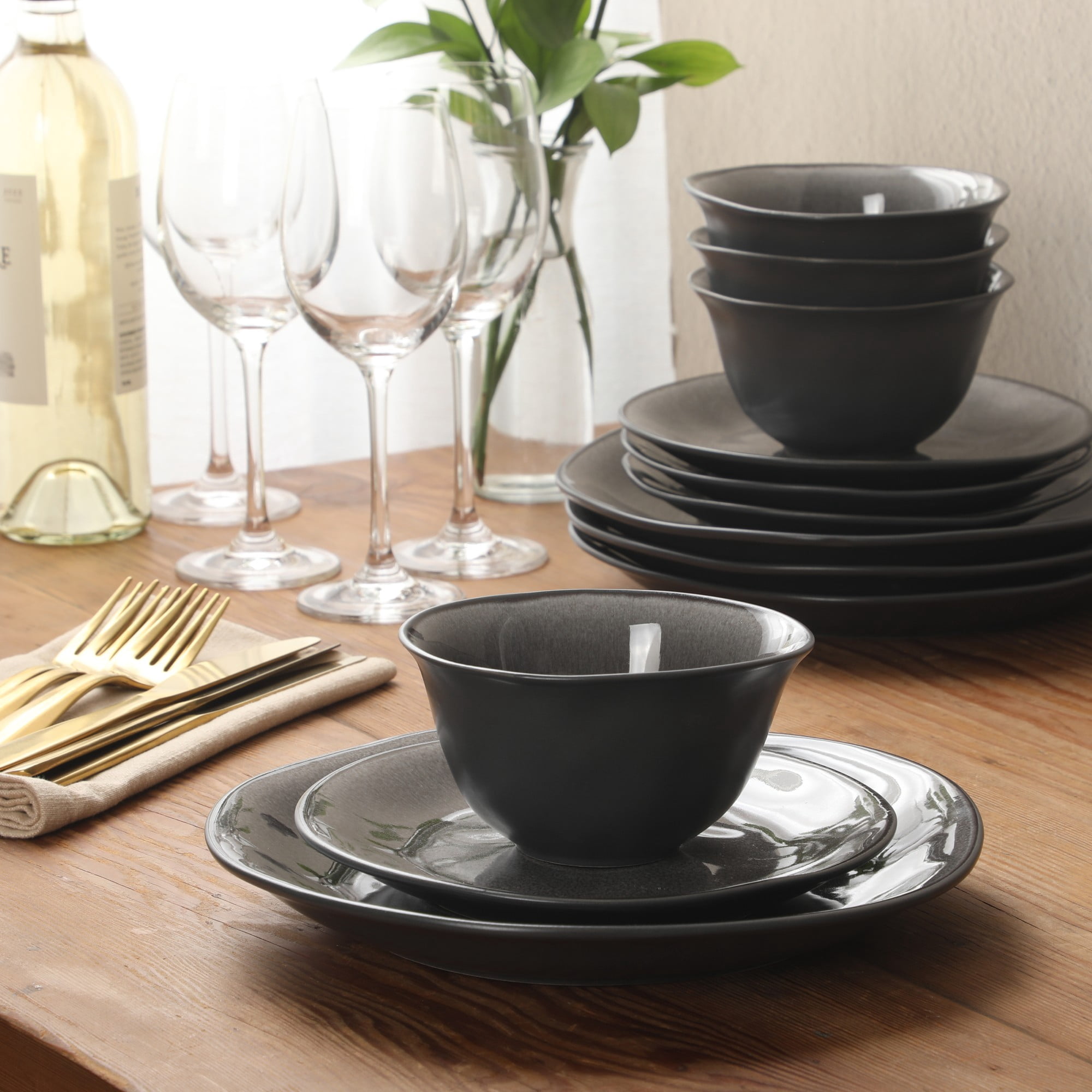 Gibson Elite Port Barton 12-Piece Charcoal Stoneware Dinnerware Set