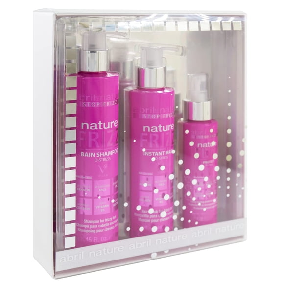abril et nature - Professional Anti-Frizz Hair Care Set - Hydrates and Maintains Smooth Hair - Shampoo, Conditioner, and Serum Pack for Frizzy Hair - Softer and Shiner Hair - 55