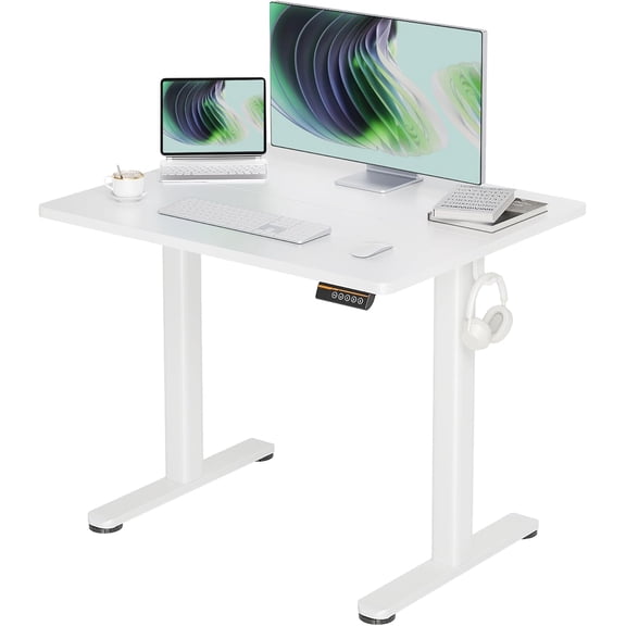 Electric Height Adjustable Stand Up Desk, 35x20 Inches Sit Stand Desk for Home Office, White Top/White Frame