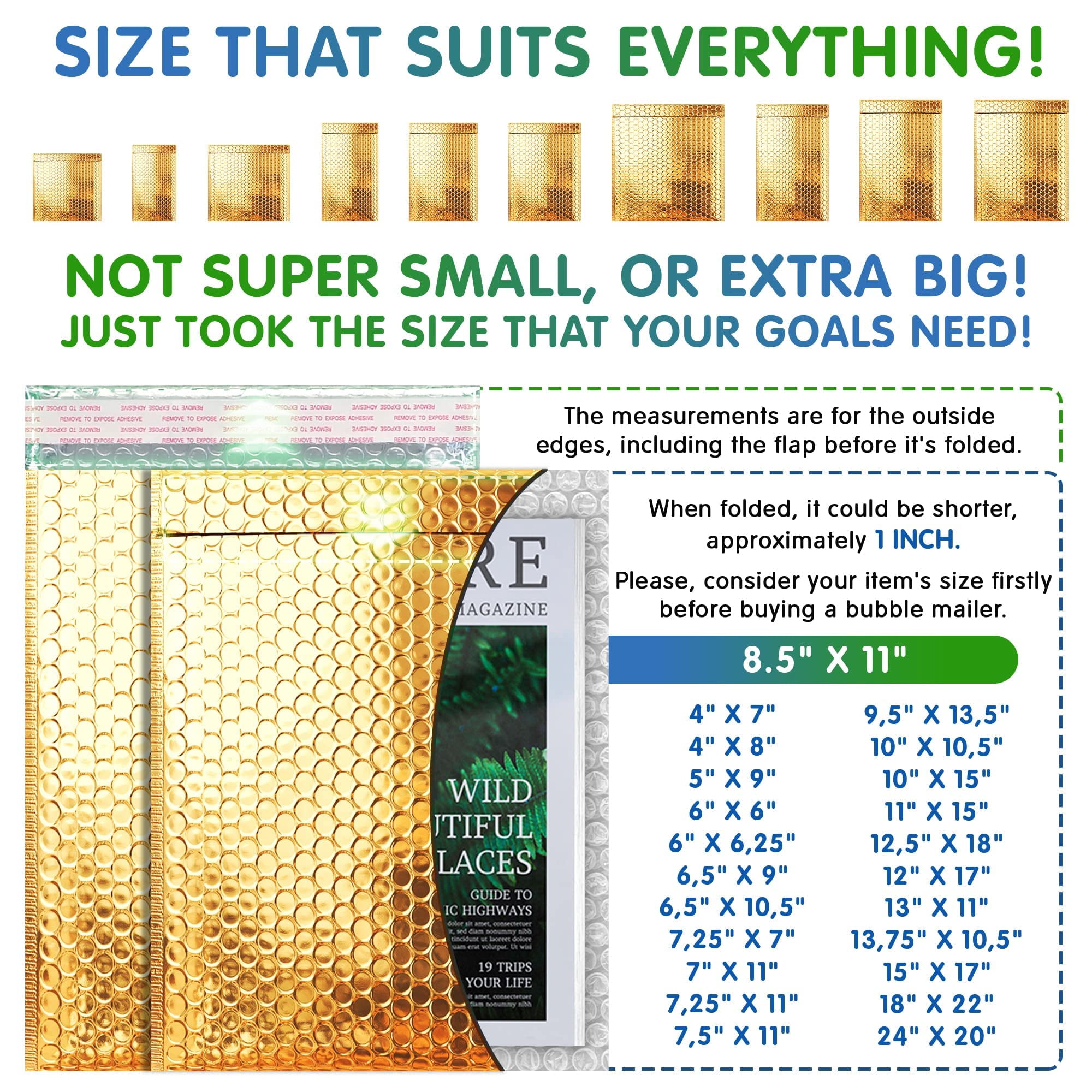 Metallic Bubble Mailers 175 pack 8.5 x 11 in Gold Self Seal 3/16 in Cushioning