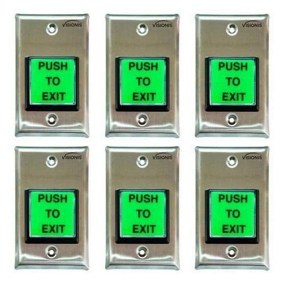 Visionis 6 Pack FPC-7493 VIS-7000 Green Square Push to Exit Button Stainless Steel for Door Access Control with LED Light, NC, COM and NO Outputs