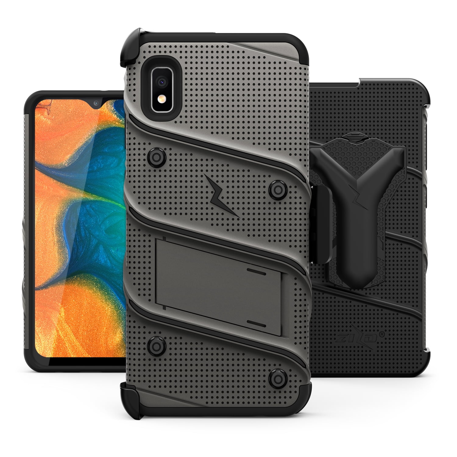 ZIZO BOLT Series for Samsung Galaxy A10e Case | Heavy-duty Military-grade Drop Protection w/ Kickstand Included Belt Clip Holster Tempered Glass Lanyard (Metal Gray/Black)