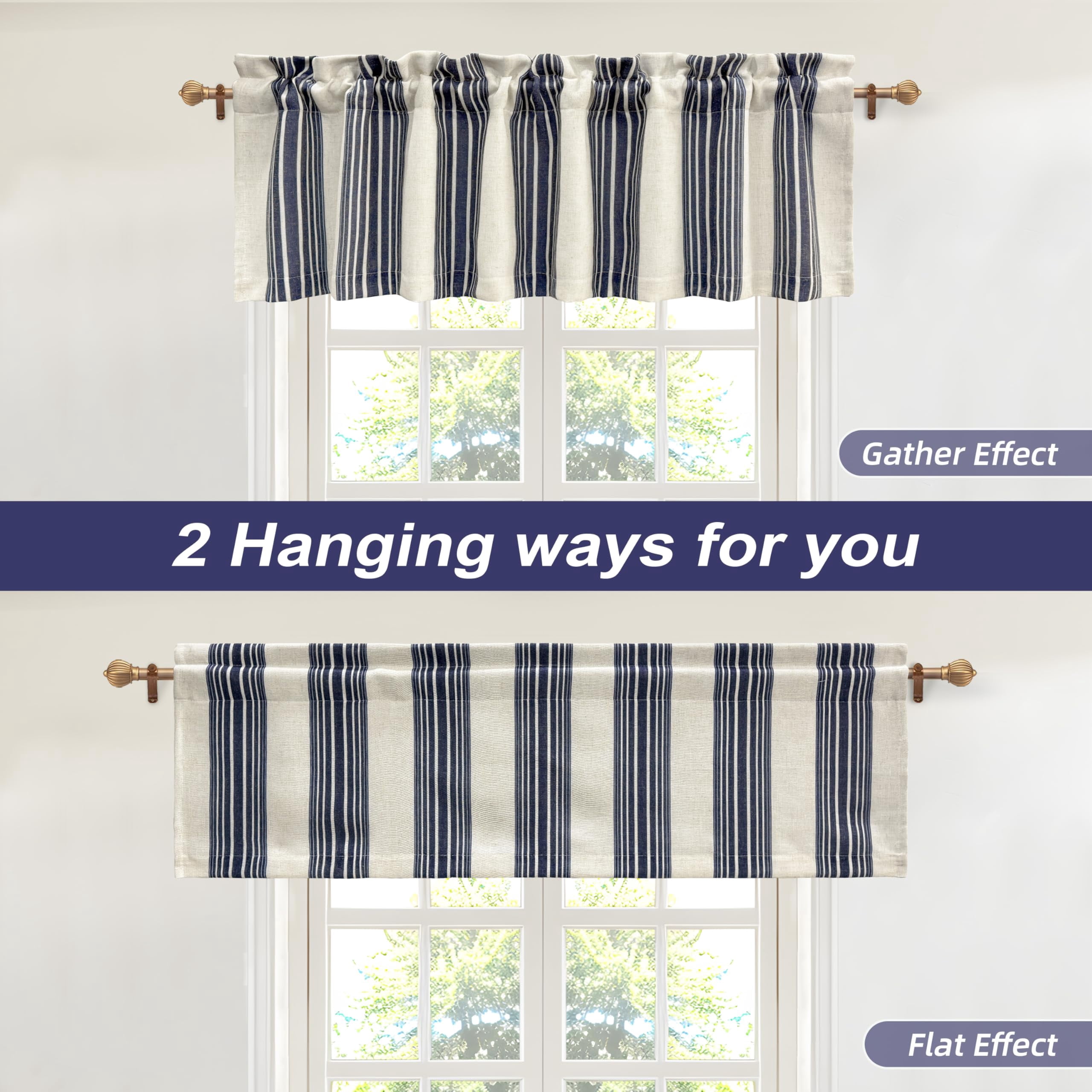 DriftAway Chris Linen Lined Valance Double Layer Thermal Insulated Room Darkening Blackout Valances 3 Inch Rod Pocket Vertical Striped Kitchen Valance for Bathroom 52 Inch by 14 Inch Ivory Dark Blue
