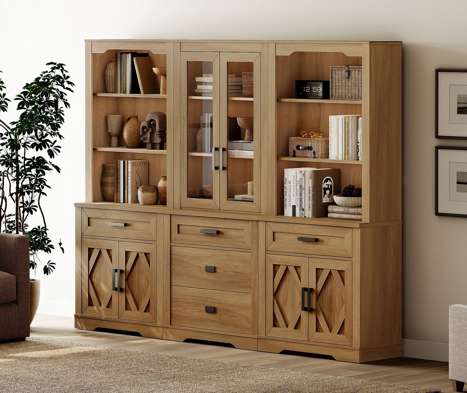 WAMPAT Modern Farmhosue 3-Column BookShelf Set,5 Tier Book Shelf with Open Storage and Glass Doors,73"H Tall Wood Bookcase with Storage Cabinet and Drawers for Study,Bedroom,Living Room,Vintage Oak