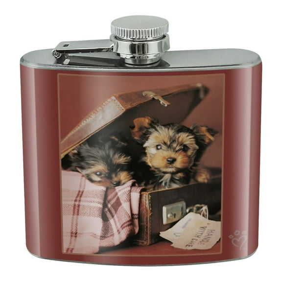 Yorkie Yorkshire Terrier Dogs Puppies in Briefcase Suitcase Stainless Steel 5oz Hip Drink Kidney Flask