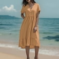 thumbnail image 2 of Women's Summer Casual Dress V Neck Pleated Long Dress With Button Front For Daily Wear Party Vacation Outfit, 2 of 2