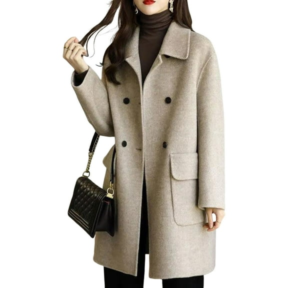 Women Overcoat Solid Color Lapel Collar Mid-Length with Buttons Loose-fitting Keep Warm Polyester Winter Warm Women Double-Breasted Overcoat for Lady