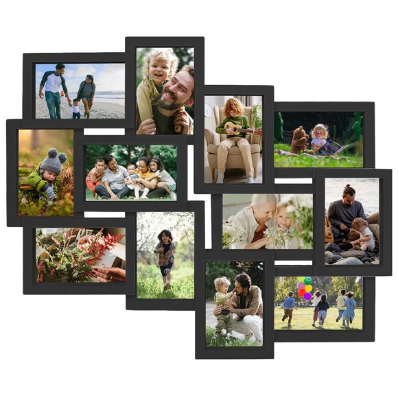 J.M.Deco Cadres Photo Collage 6x4, 12 Ouvertures Réunion d'Amis Famille Cadres Photo pour Décoration Murale, Collage de Cadres Photo pour Suspension Murale 4x6, Noir