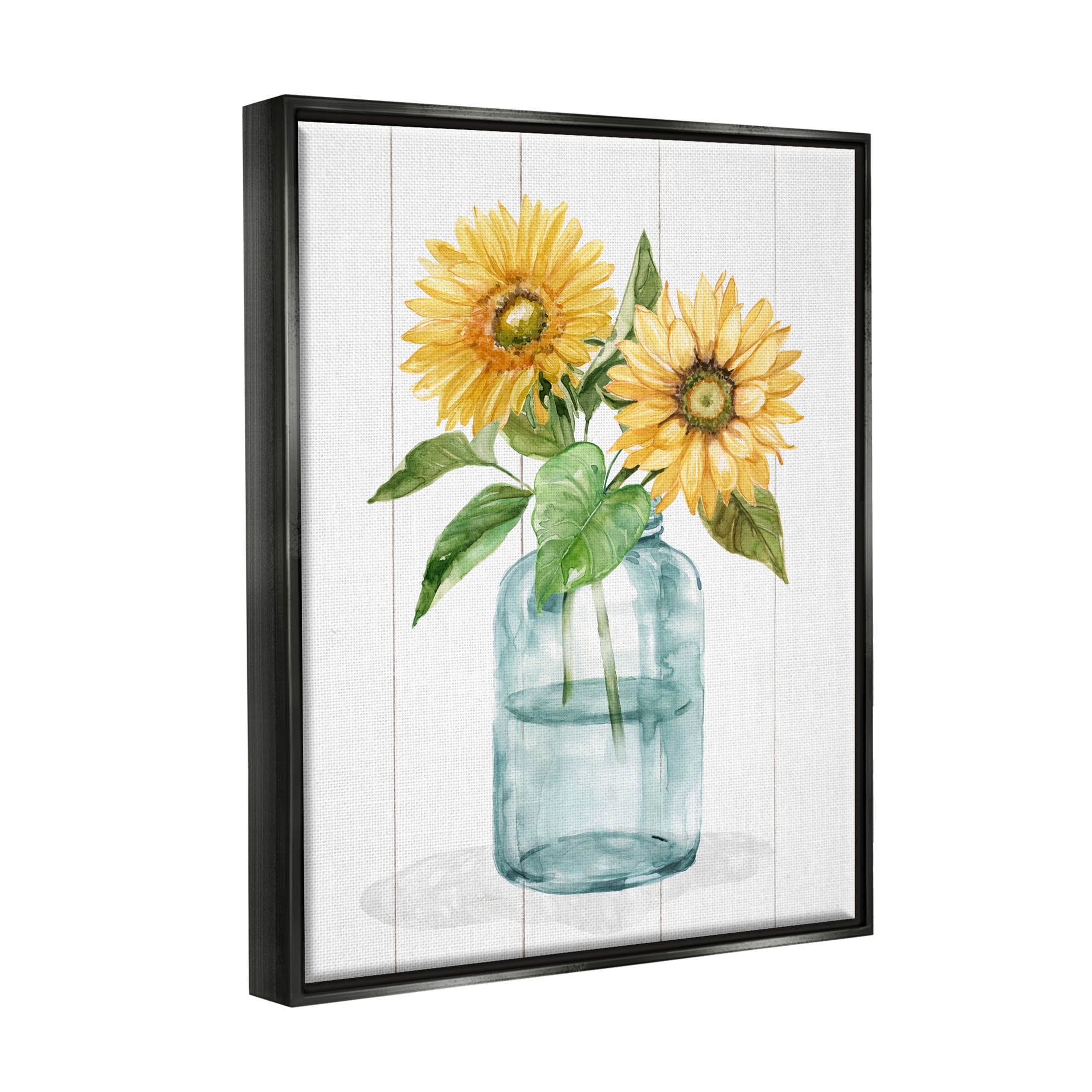 Stupell Industries Cottage Sunflower Blossom Vase Graphic Art Jet Black Floating Framed Canvas Print Wall Art, Design by Livi Finn