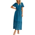 thumbnail image 6 of Xaqiouau Women's Notched V Neck Short Sleeve Lace Hem Maxi Dress Smocked Waist Casual Boho Long Dress with Pockets, 6 of 8