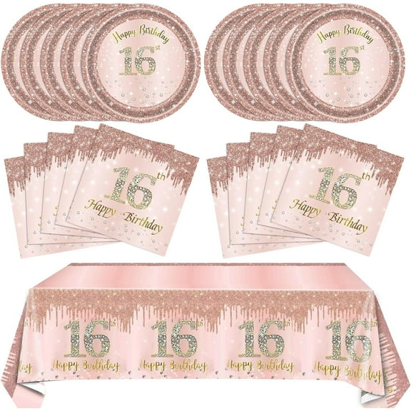 16th Birthday Decorations for STF9 Girls Rose Gold Sweet 16 Birthday Party Decoration for Her 16th Happy Birthday Plates and Napkins Tablecloth Decoration for Girls