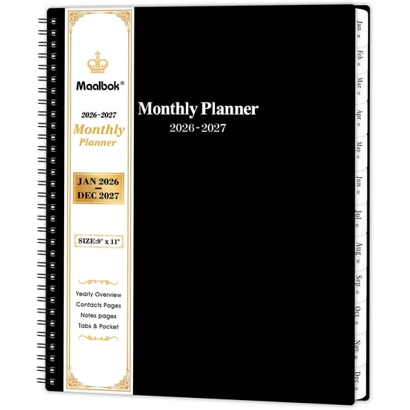 Monthly Planner 2026-2027, Two Year Calendar from January 2026 Through December 2027, 9 by 11 Inch Format with Durable Cardboard Cover, Black