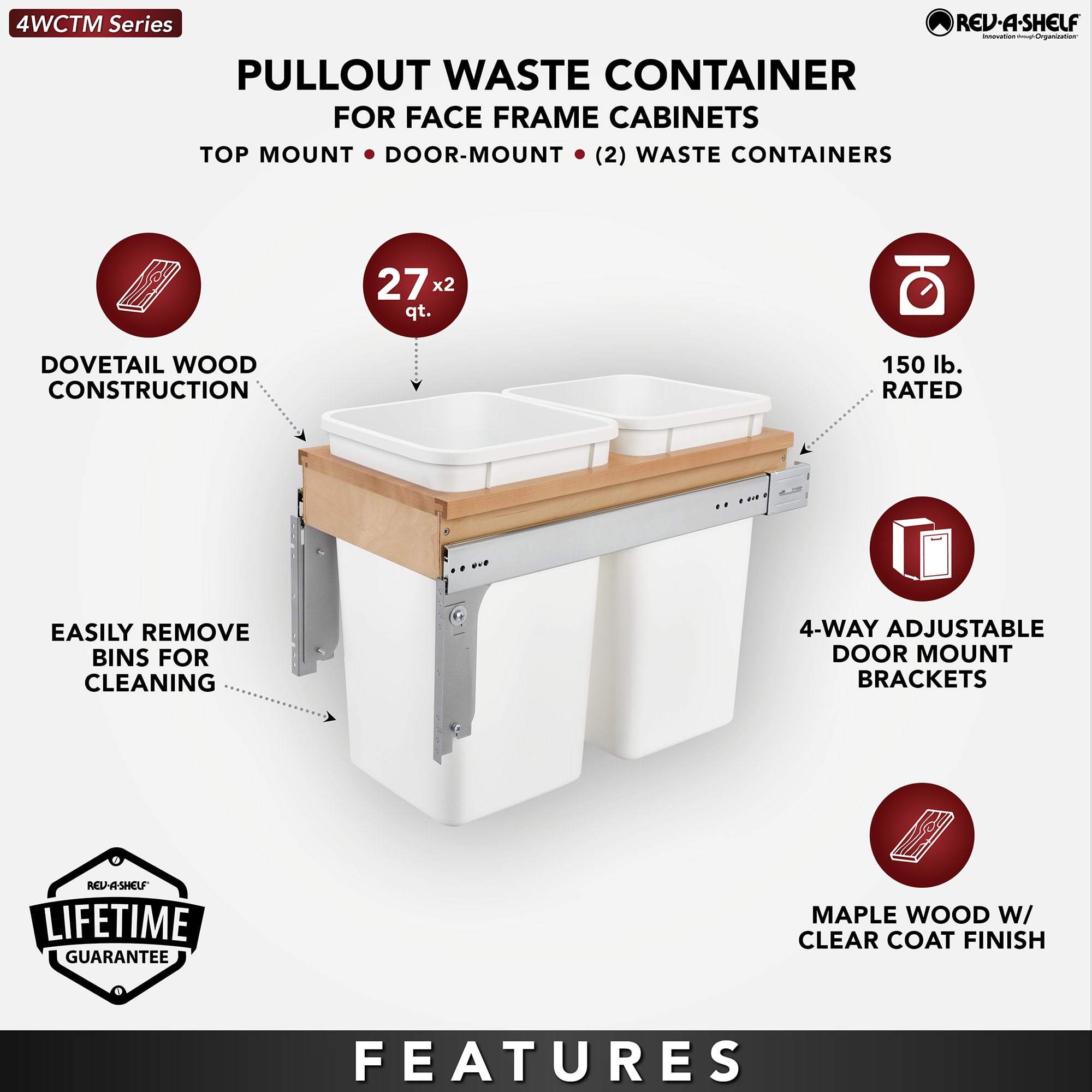 Rev-A-Shelf 4Wctm-15Dm2-162 4Wctm Top Mount Double Bin Trash Can For 1-5/8" Faceframe