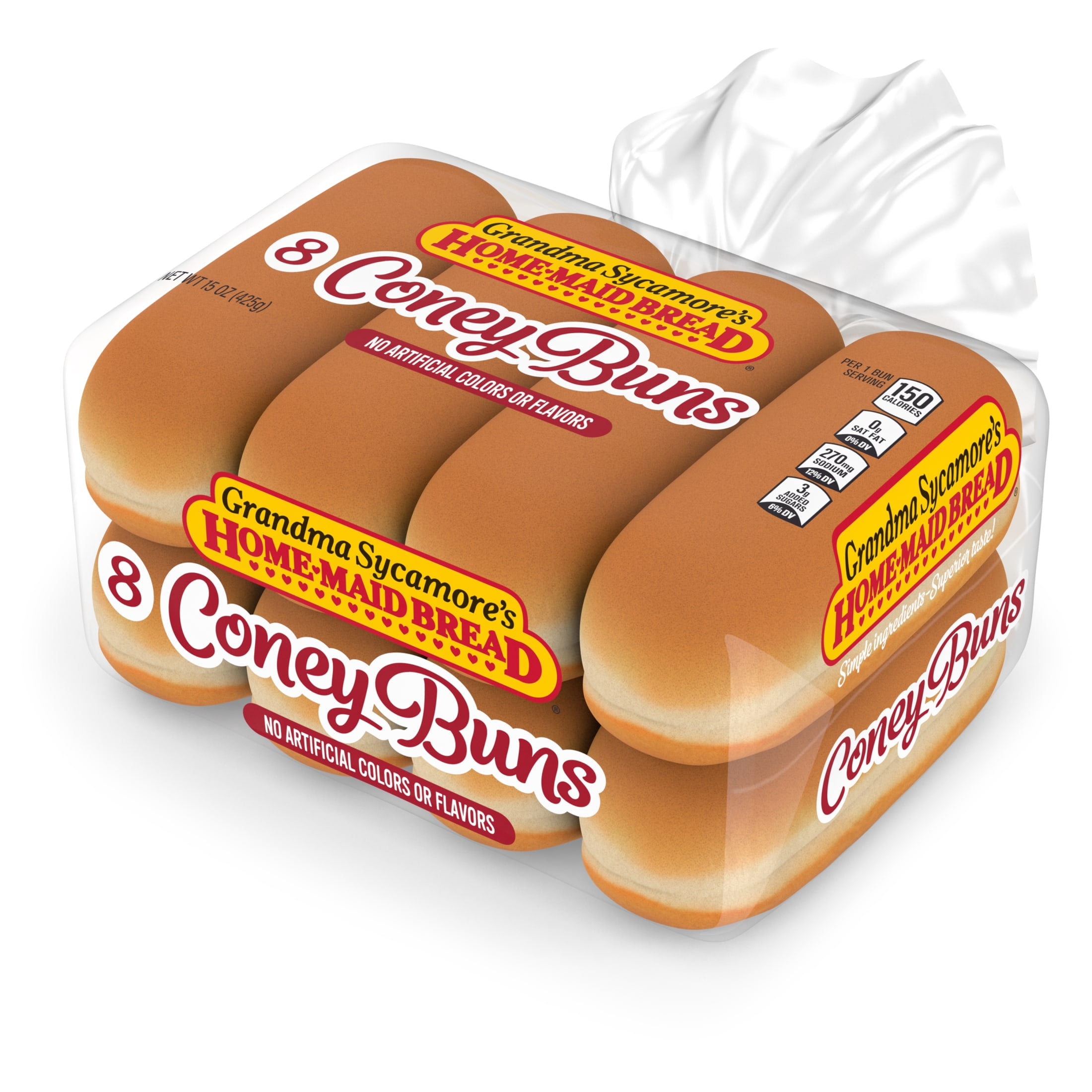 Grandma Sycamore's Coney Buns, 8 count, White Hot Dog Buns, 15 oz Bag