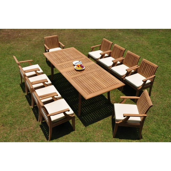 Grade-A Teak Dining Set: 10 Seater 11 Pc: 94" Double Extension Rectangle Table And 10 Lagos Arm Chairs Outdoor Patio WholesaleTeak #WMLGi