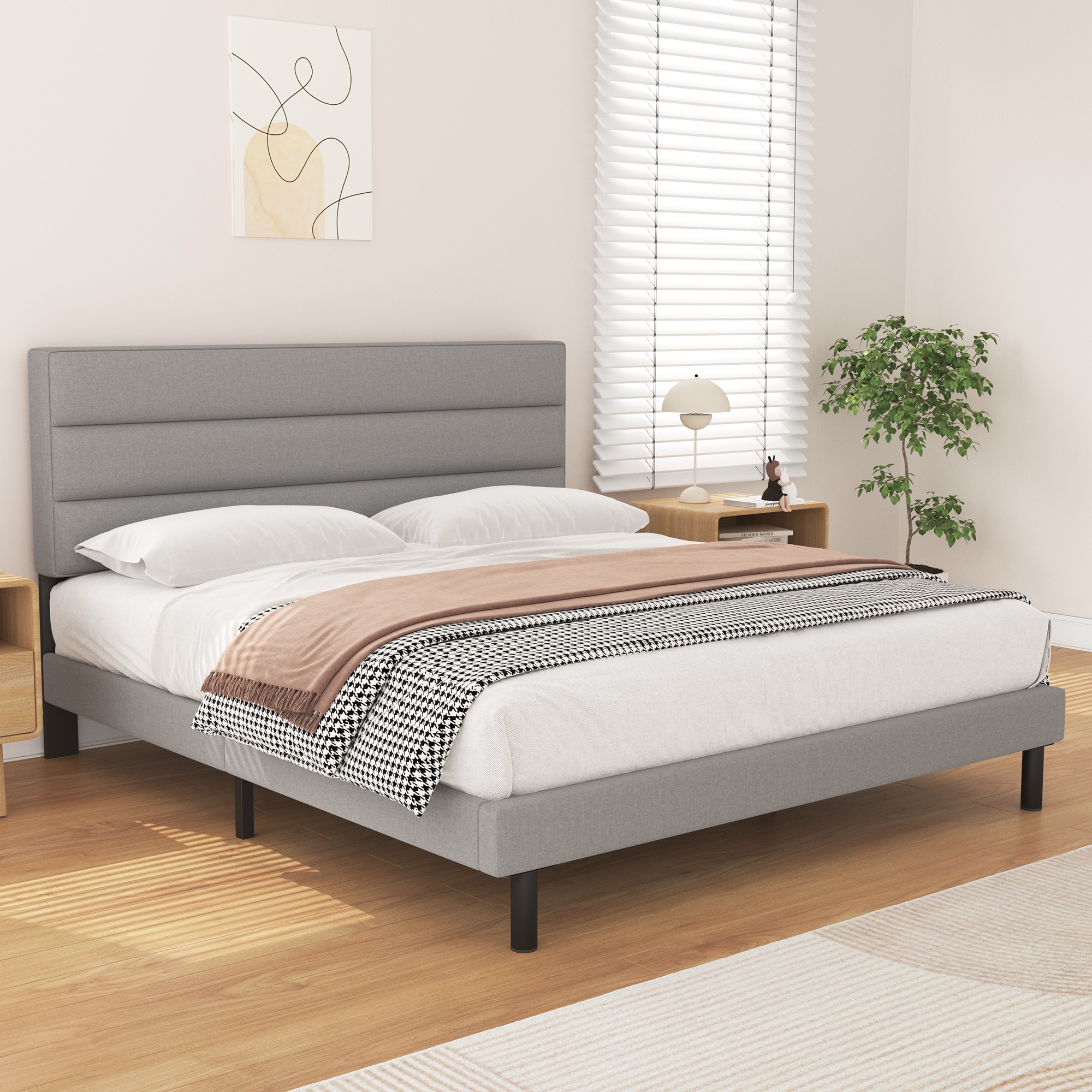 Queen Bed Frame, HAIIDE Queen Size Platform Bed with Wingback Fabric Upholstered Headboard, Light Gray - image 2 of 8