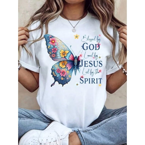 Women Round Neck T Shirt Butterfly Floral Design By God Loved By Jesus Led By The Spirit Print Short Sleeve Casual Tops For Everyday Wear