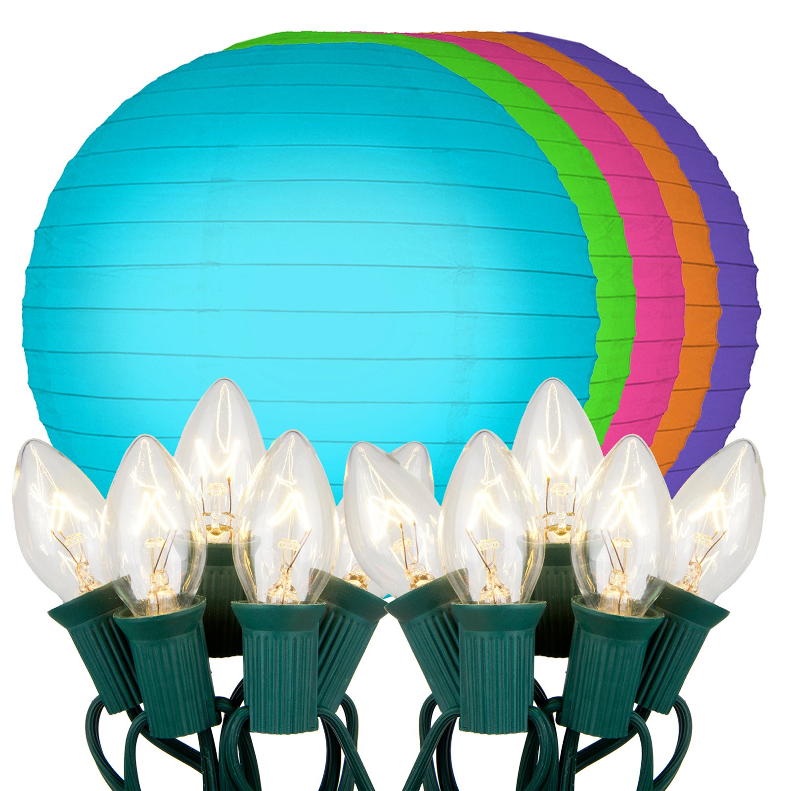 Electric String Lights with 10" Paper Lanterns, MultiColor, Set of 10