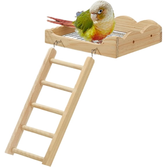 Solid Wood Platform and Ladder with Stainless Steel Resting Grid, Easy Clean Bird Perch Stand for Cage, Dining & Resting Station for Budgie Cockatiel Conure Lovebird