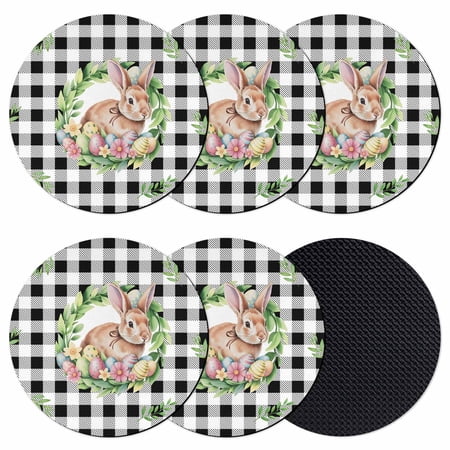 Bunny Easter Coasters Set of 6 Absorbent Coasters for Drinks Eggs Spring Floral Black White Plaid Farmhouse Coaster for Desk Coffee Table Protection Home Decor House Warming Gifts 4