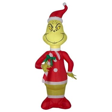 Gemmy Christmas Airblown Inflatable Grinch w/Red and White Candy Cane, 4 ft Tall, Multicolored
