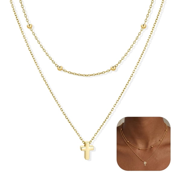 U7 Layered Cross Necklace for Women Silver Tone Bead Choker Dainty Small Cross Pendant Necklace Jewelry Gift for Daughter Wife Girlfriend