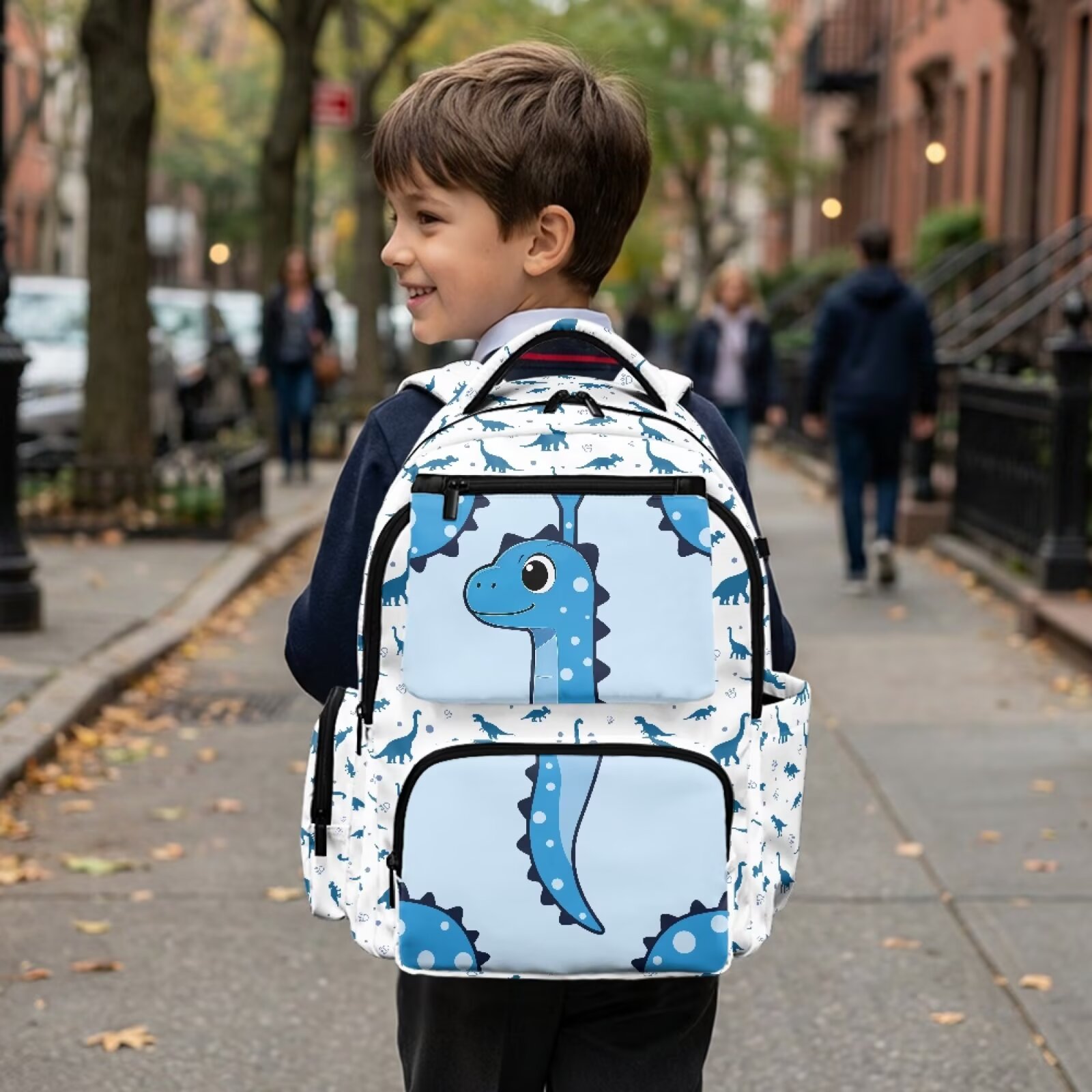 Mochila escolar de dinosaurio azul para niños, de 17 pulgadas, con cremallera frontal, para primaria 6