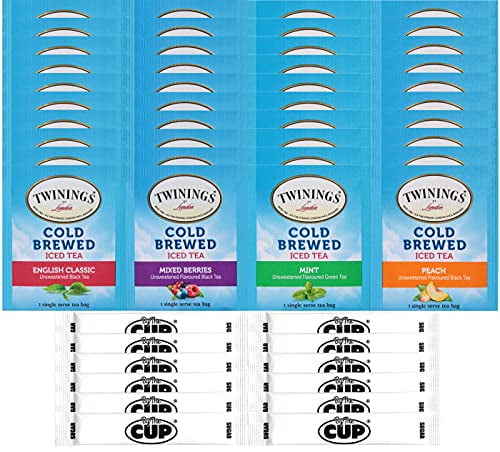Twinings Cold Brewed Iced Tea Bag Sampler 40 Ct Includes: Mint, Mixed Berries, English Classic, and Peach - with By The Cup Sugar Packets